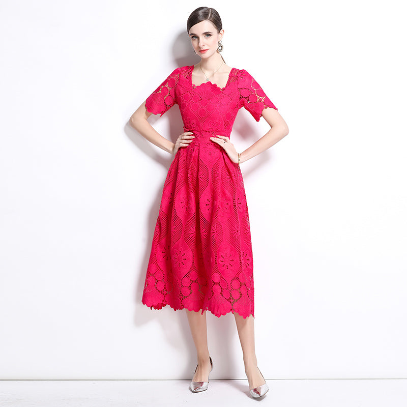 CM-DY037578 Women Elegant Euroepan Style Square Collar Short Sleeve Pinched Waist Long Dress - Rose Red