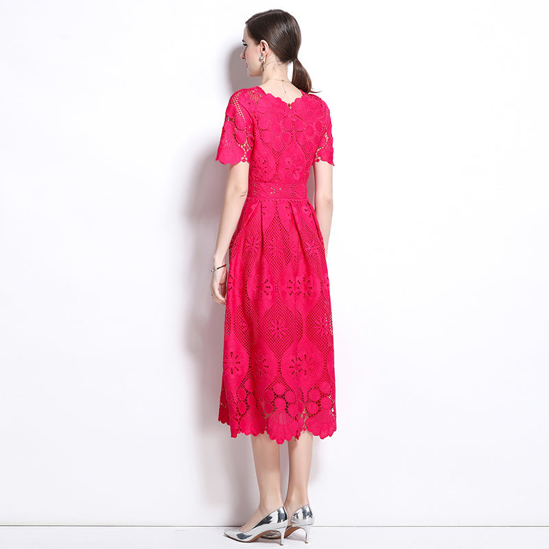 CM-DY037578 Women Elegant Euroepan Style Square Collar Short Sleeve Pinched Waist Long Dress - Rose Red