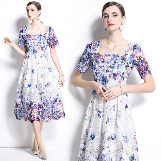 CM-DY037580 Women Elegant European Style Lace Hollow Square Collar Short Sleeve Slim Midi Dress