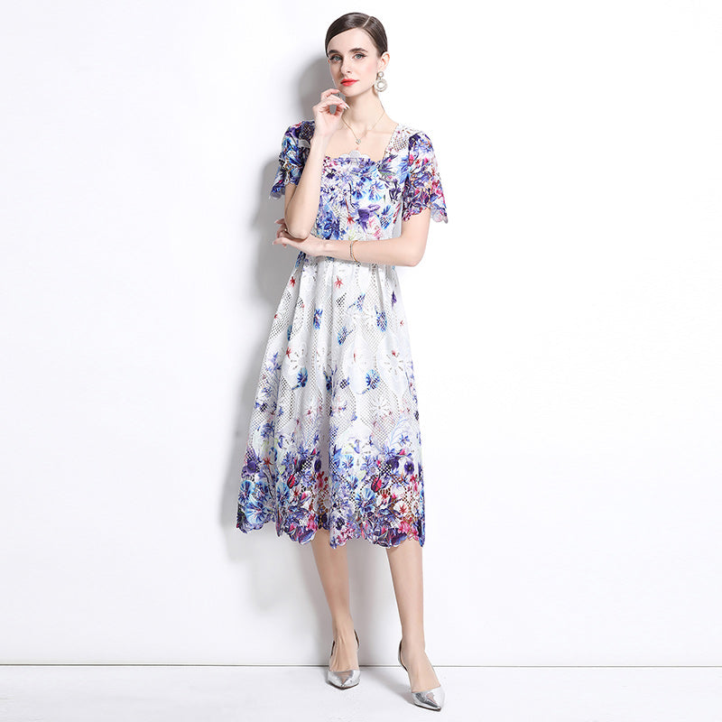 CM-DY037580 Women Elegant European Style Lace Hollow Square Collar Short Sleeve Slim Midi Dress