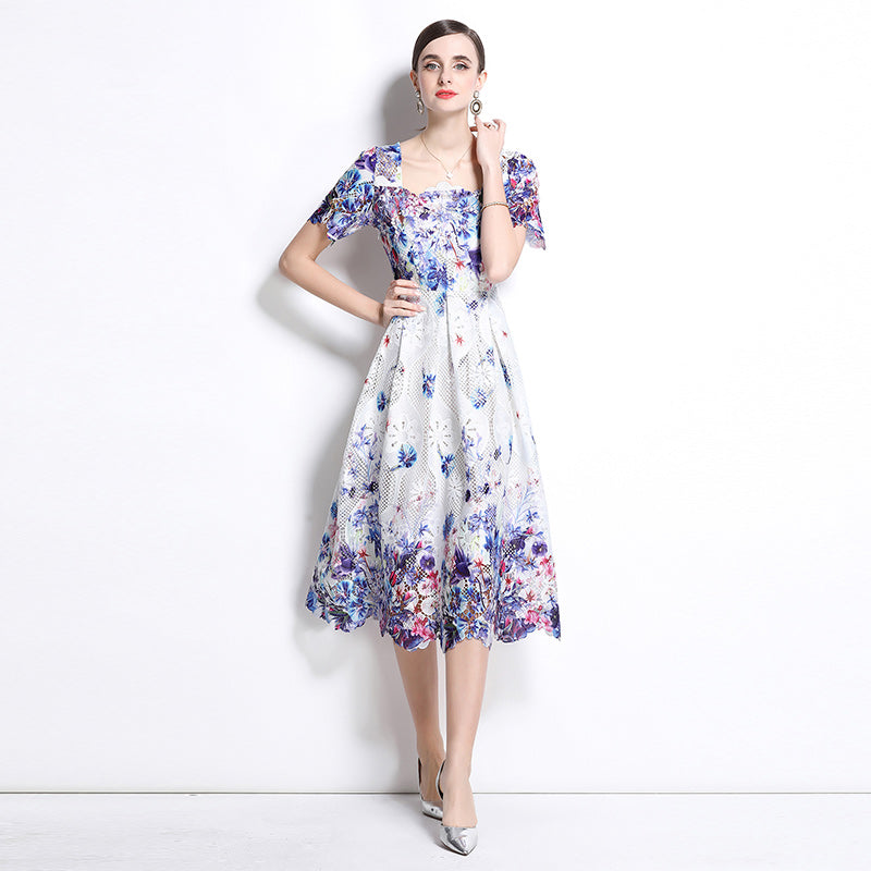 CM-DY037580 Women Elegant European Style Lace Hollow Square Collar Short Sleeve Slim Midi Dress