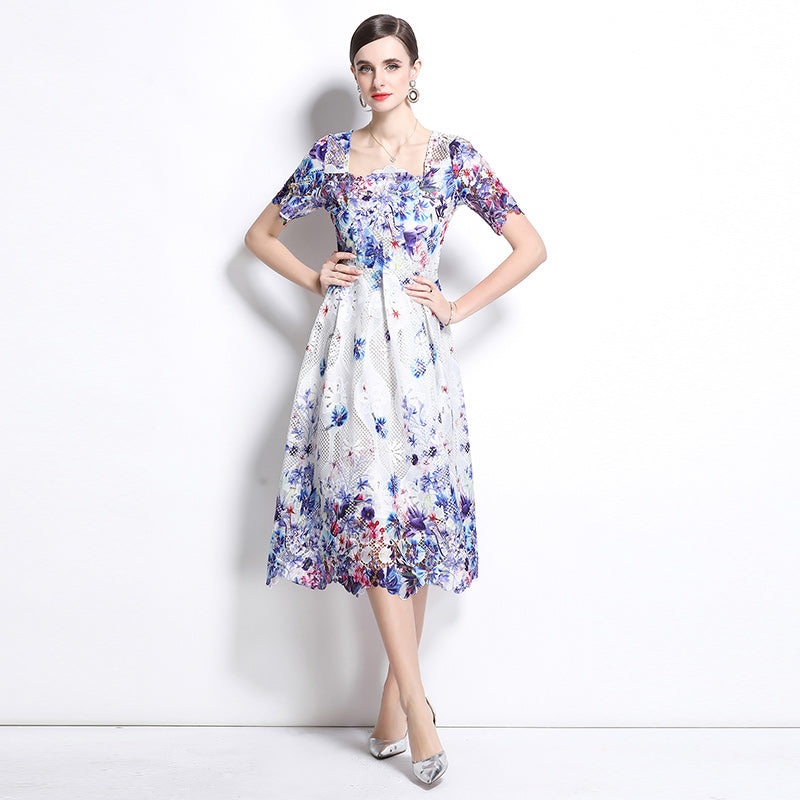 CM-DY037580 Women Elegant European Style Lace Hollow Square Collar Short Sleeve Slim Midi Dress