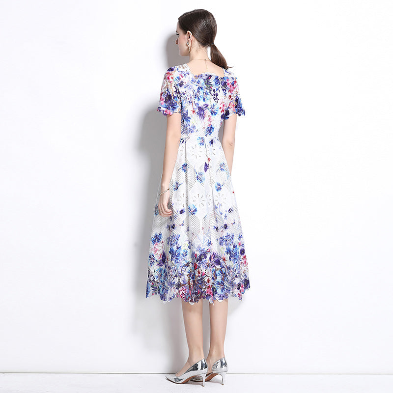 CM-DY037580 Women Elegant European Style Lace Hollow Square Collar Short Sleeve Slim Midi Dress