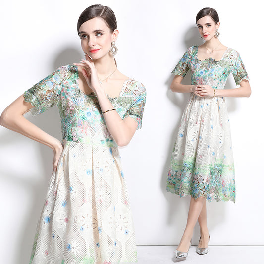 CM-DY037581 Women Elegant European Style Lace Hollow Square Collar Short Sleeve Slim Midi Dress