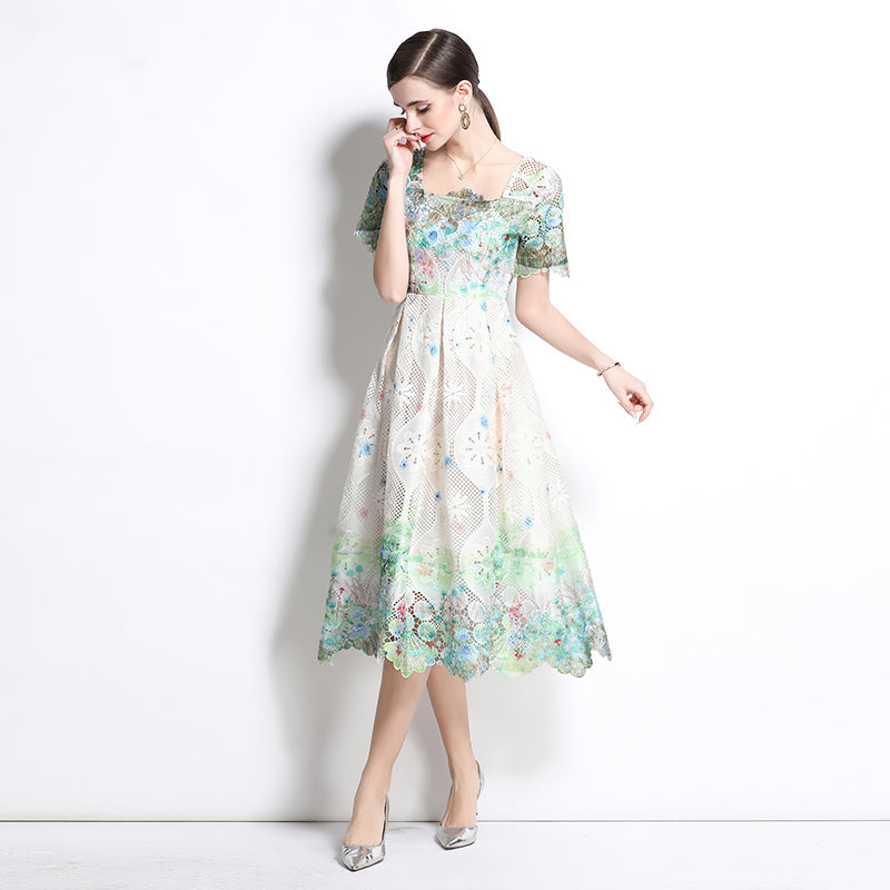 CM-DY037581 Women Elegant European Style Lace Hollow Square Collar Short Sleeve Slim Midi Dress