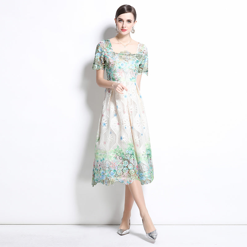 CM-DY037581 Women Elegant European Style Lace Hollow Square Collar Short Sleeve Slim Midi Dress