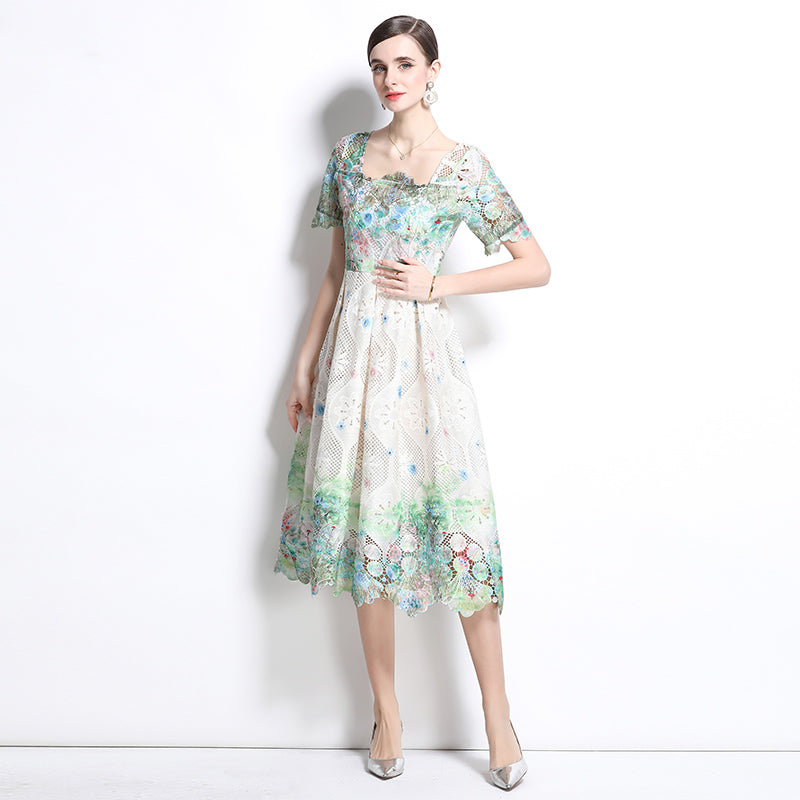 CM-DY037581 Women Elegant European Style Lace Hollow Square Collar Short Sleeve Slim Midi Dress