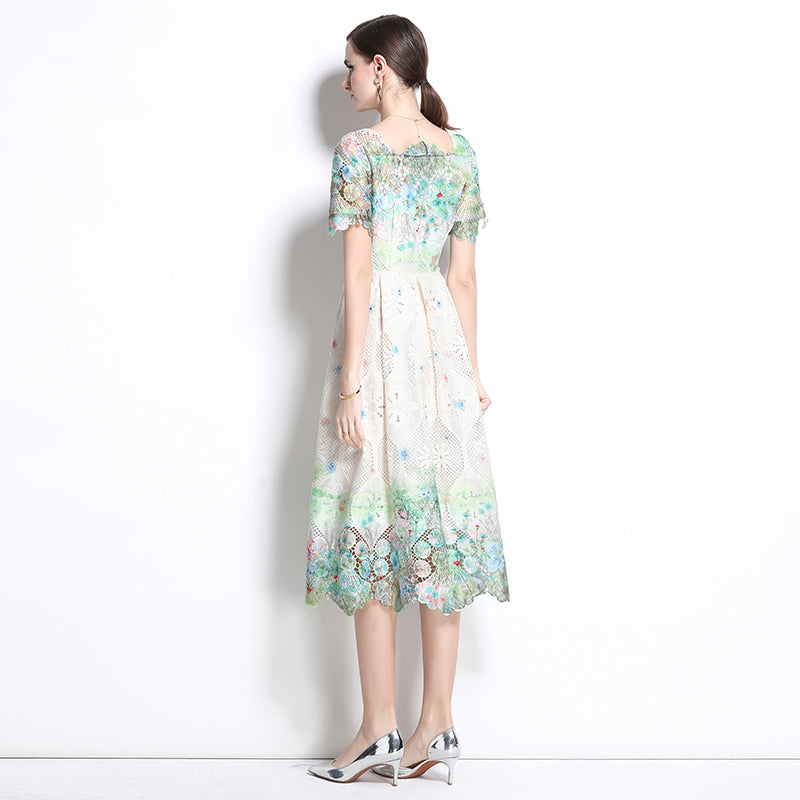 CM-DY037581 Women Elegant European Style Lace Hollow Square Collar Short Sleeve Slim Midi Dress