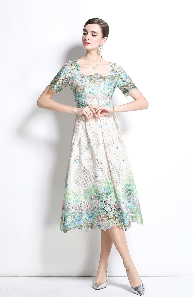 CM-DY037581 Women Elegant European Style Lace Hollow Square Collar Short Sleeve Slim Midi Dress