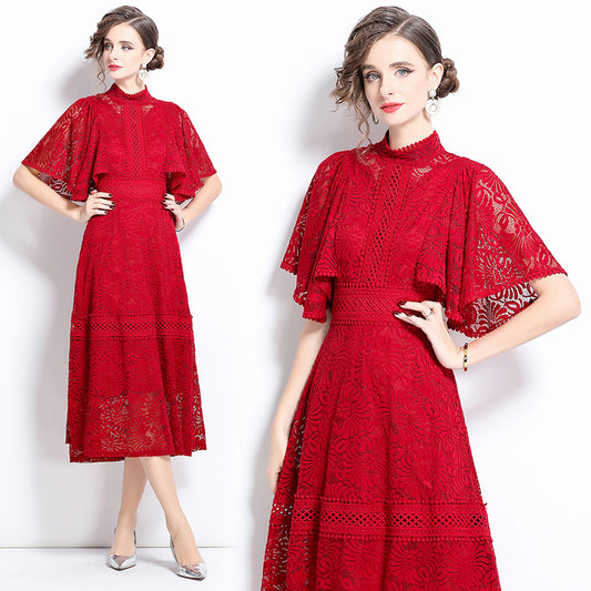 CM-DY037582 Women Elegant European Style Stand Collar Puff Sleeve Lace A-Line Long Dress - Red