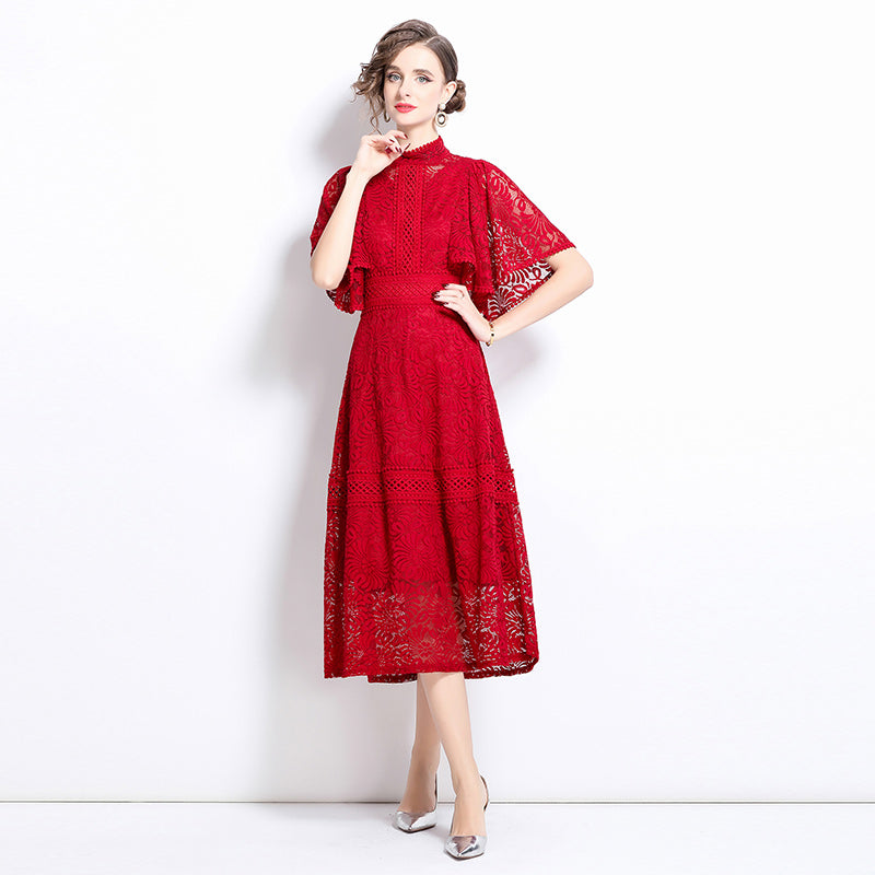 CM-DY037582 Women Elegant European Style Stand Collar Puff Sleeve Lace A-Line Long Dress - Red