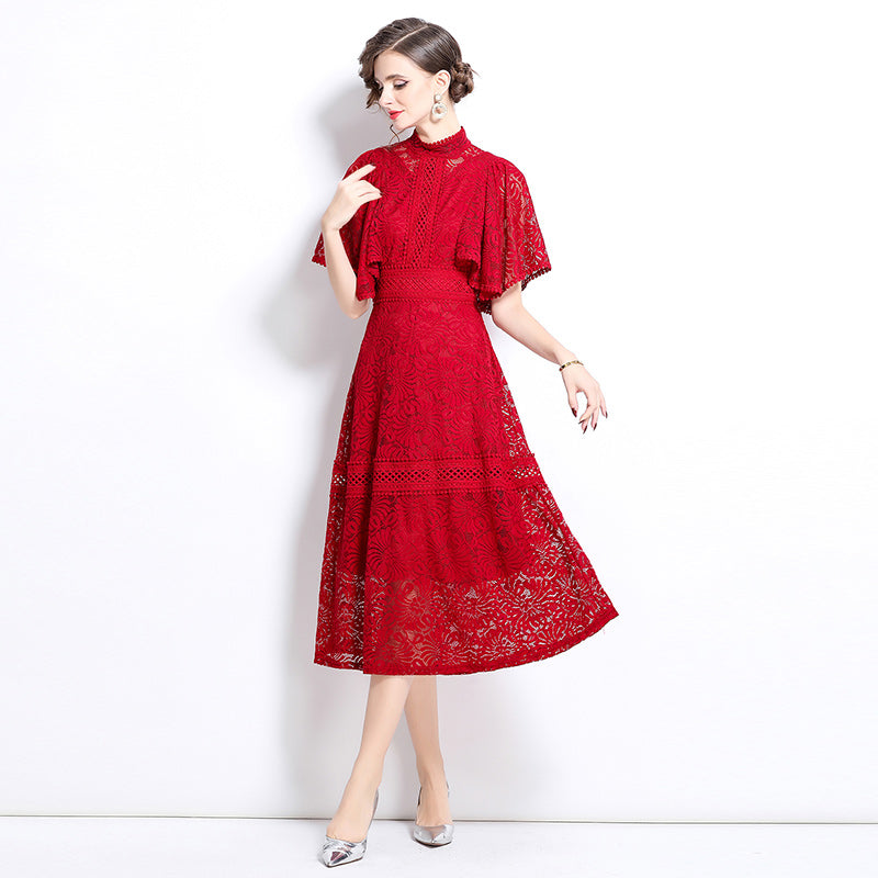 CM-DY037582 Women Elegant European Style Stand Collar Puff Sleeve Lace A-Line Long Dress - Red