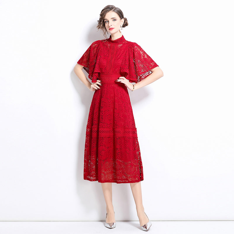 CM-DY037582 Women Elegant European Style Stand Collar Puff Sleeve Lace A-Line Long Dress - Red