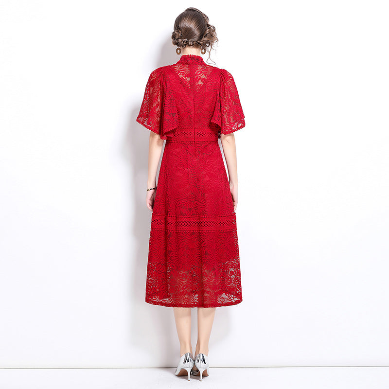 CM-DY037582 Women Elegant European Style Stand Collar Puff Sleeve Lace A-Line Long Dress - Red
