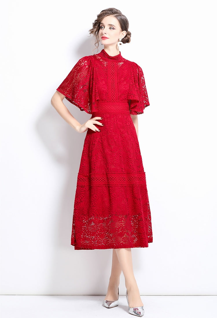 CM-DY037582 Women Elegant European Style Stand Collar Puff Sleeve Lace A-Line Long Dress - Red