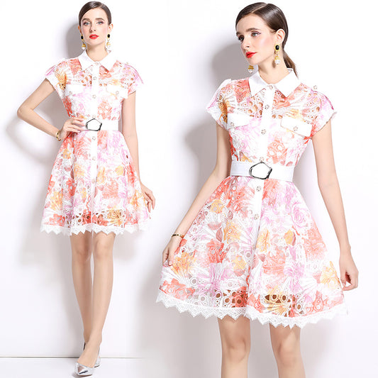 CM-DY037583 Women Elegant European Style Collar Neckline Short Sleeve Crochet Hollow Mini Dress