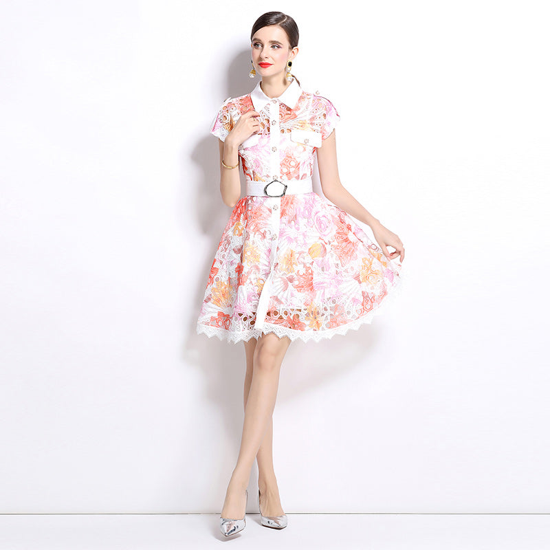 CM-DY037583 Women Elegant European Style Collar Neckline Short Sleeve Crochet Hollow Mini Dress