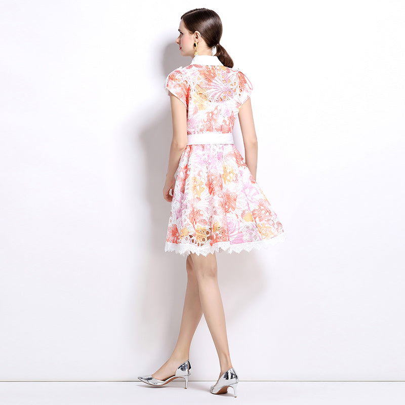CM-DY037583 Women Elegant European Style Collar Neckline Short Sleeve Crochet Hollow Mini Dress