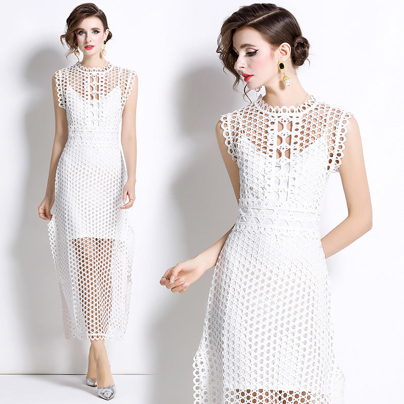CM-DY037586 Women Elegant European Style Lace Round Neck Sleeveless Slit Maxi Dress - White