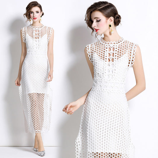 CM-DY037586 Women Elegant European Style Lace Round Neck Sleeveless Slit Maxi Dress - White