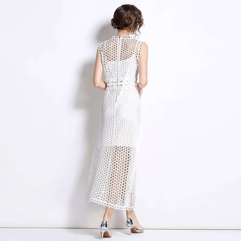 CM-DY037586 Women Elegant European Style Lace Round Neck Sleeveless Slit Maxi Dress - White