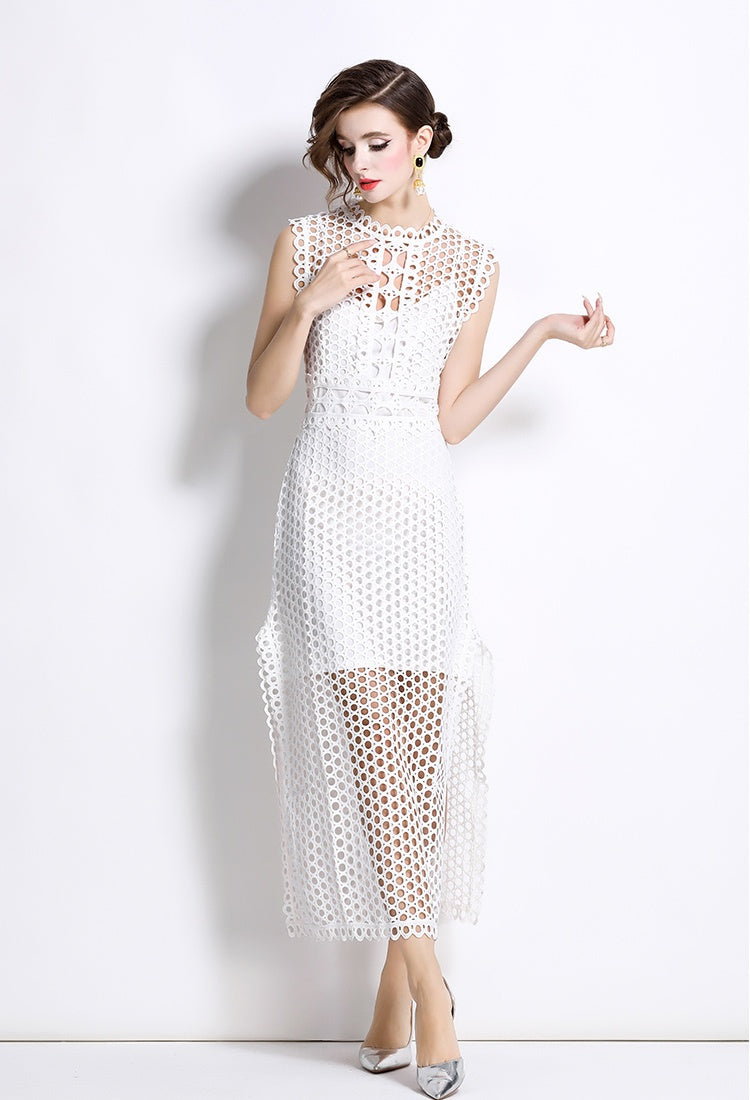 CM-DY037586 Women Elegant European Style Lace Round Neck Sleeveless Slit Maxi Dress - White