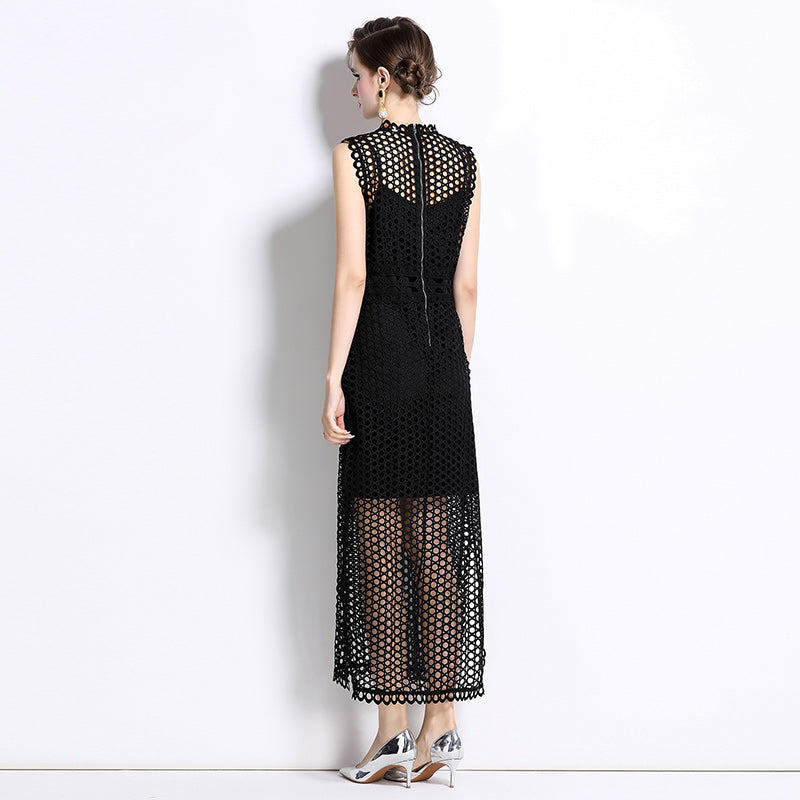 CM-DY037587 Women Elegant European Style Lace Round Neck Sleeveless Slit Maxi Dress - Black