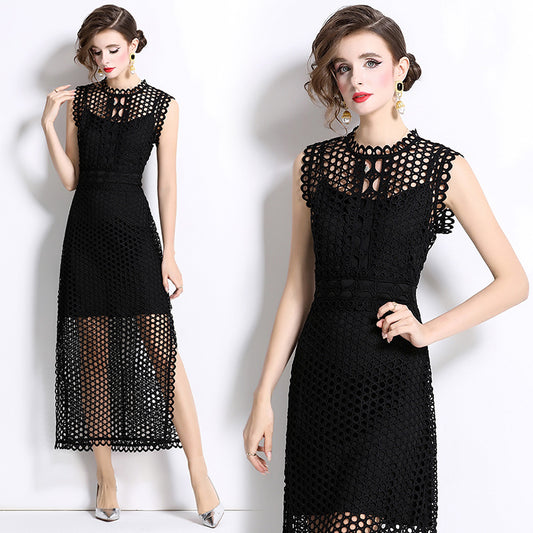 CM-DY037587 Women Elegant European Style Lace Round Neck Sleeveless Slit Maxi Dress - Black