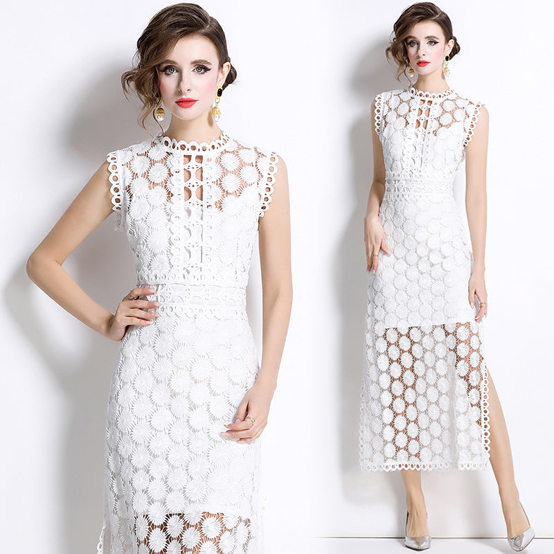 CM-DY037588 Women Elegant Seoul Style Hollow Round Neck Sleeveless Side Slit Maxi Dress - White