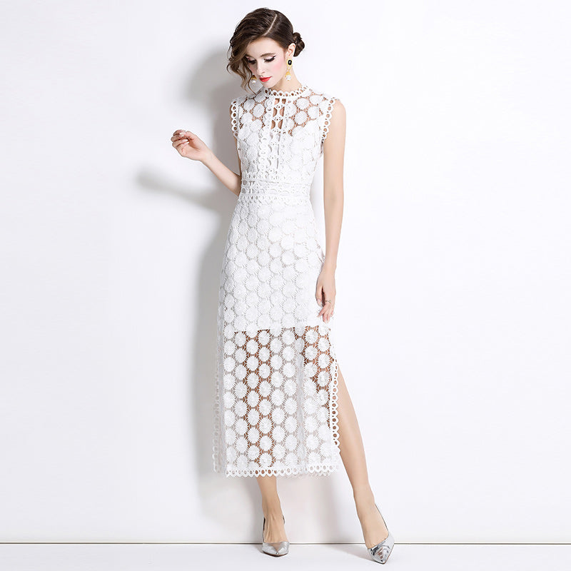 CM-DY037588 Women Elegant Seoul Style Hollow Round Neck Sleeveless Side Slit Maxi Dress - White