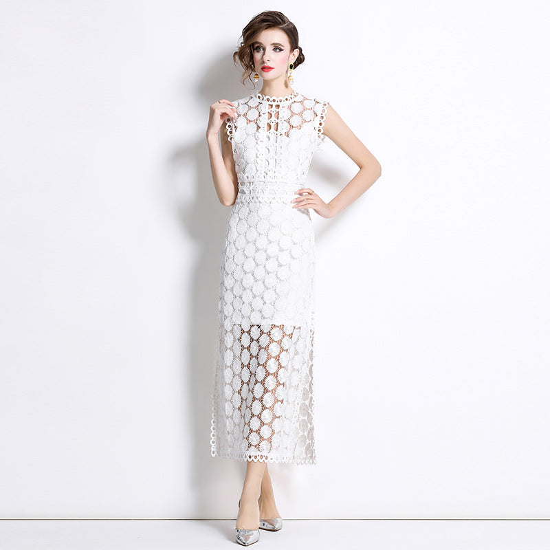 CM-DY037588 Women Elegant Seoul Style Hollow Round Neck Sleeveless Side Slit Maxi Dress - White