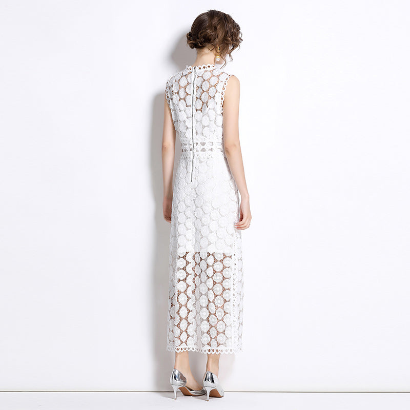 CM-DY037588 Women Elegant Seoul Style Hollow Round Neck Sleeveless Side Slit Maxi Dress - White
