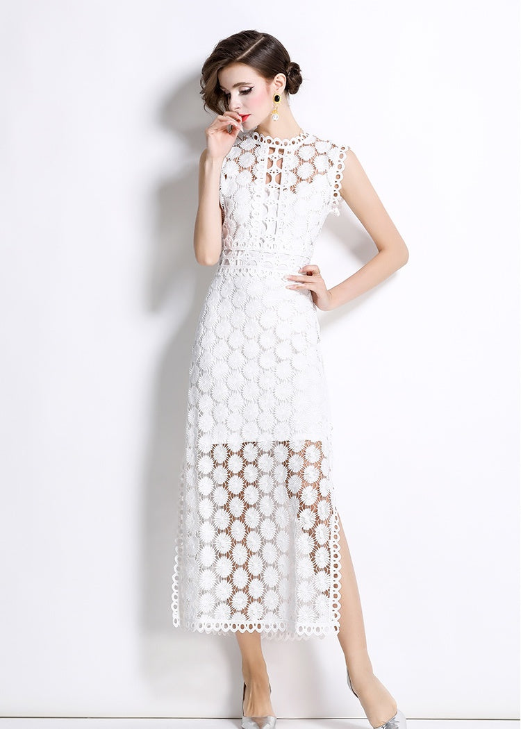 CM-DY037588 Women Elegant Seoul Style Hollow Round Neck Sleeveless Side Slit Maxi Dress - White