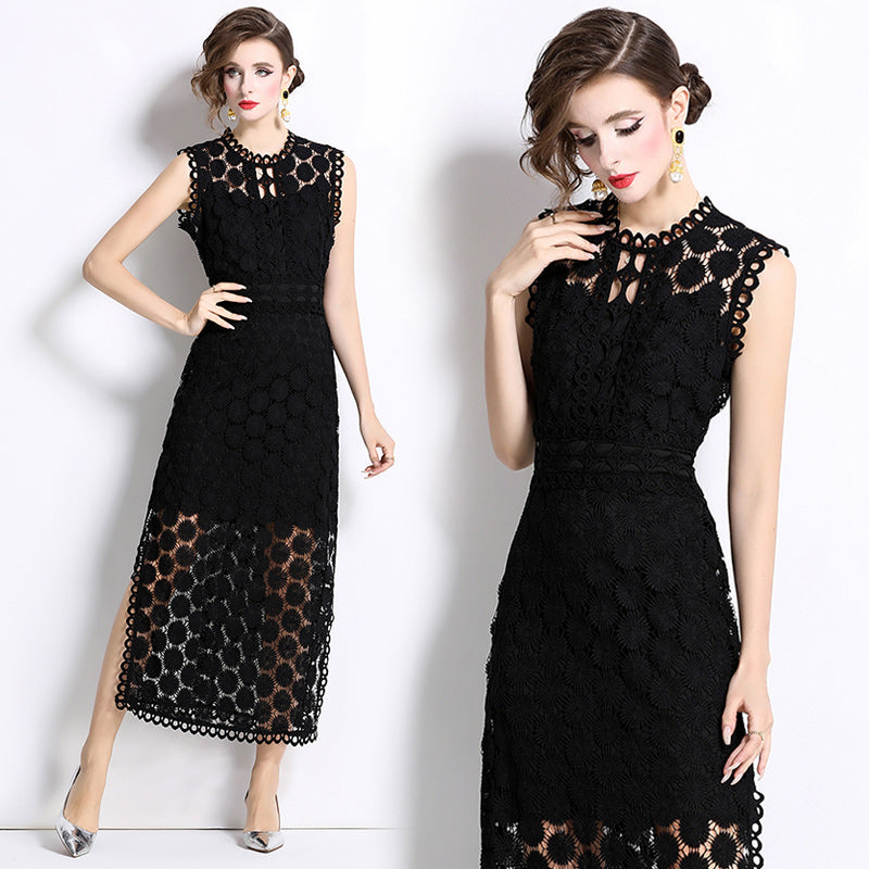 CM-DY037589 Women Elegant Seoul Style Hollow Round Neck Sleeveless Side Slit Maxi Dress - Black