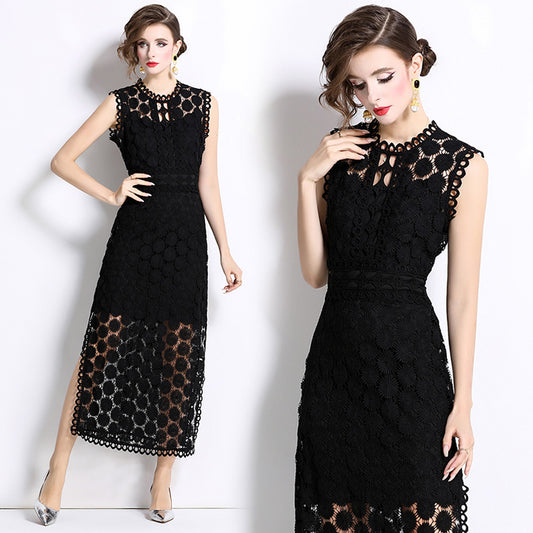 CM-DY037589 Women Elegant Seoul Style Hollow Round Neck Sleeveless Side Slit Maxi Dress - Black