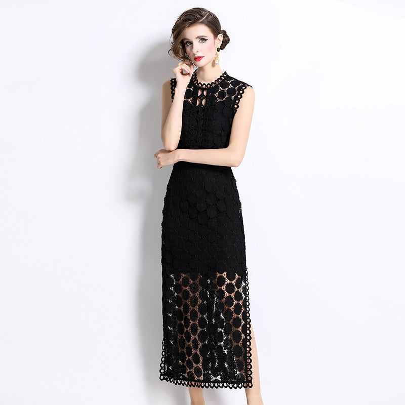 CM-DY037589 Women Elegant Seoul Style Hollow Round Neck Sleeveless Side Slit Maxi Dress - Black