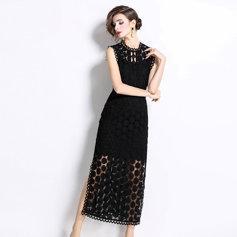 CM-DY037589 Women Elegant Seoul Style Hollow Round Neck Sleeveless Side Slit Maxi Dress - Black