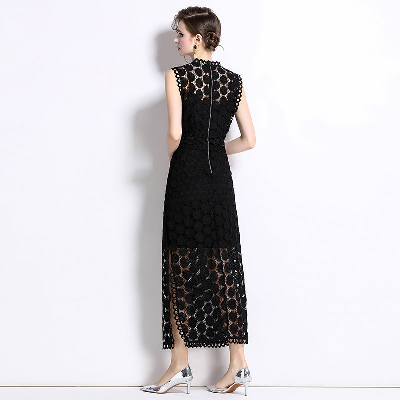 CM-DY037589 Women Elegant Seoul Style Hollow Round Neck Sleeveless Side Slit Maxi Dress - Black