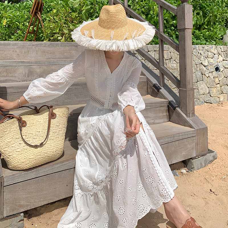 CM-DY037610 Women Trendy Bohemian Style Embroidery V-Neck Long Sleeve Maxi Dress - White