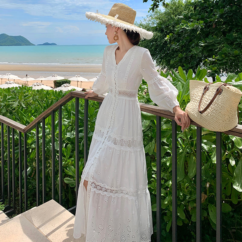 CM-DY037610 Women Trendy Bohemian Style Embroidery V-Neck Long Sleeve Maxi Dress - White