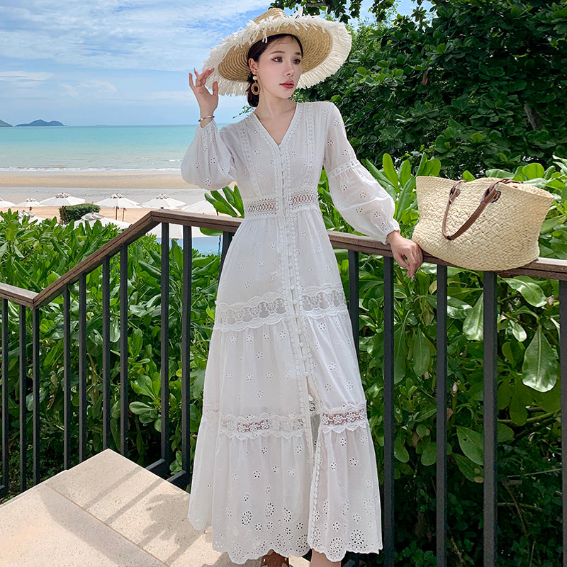 CM-DY037610 Women Trendy Bohemian Style Embroidery V-Neck Long Sleeve Maxi Dress - White