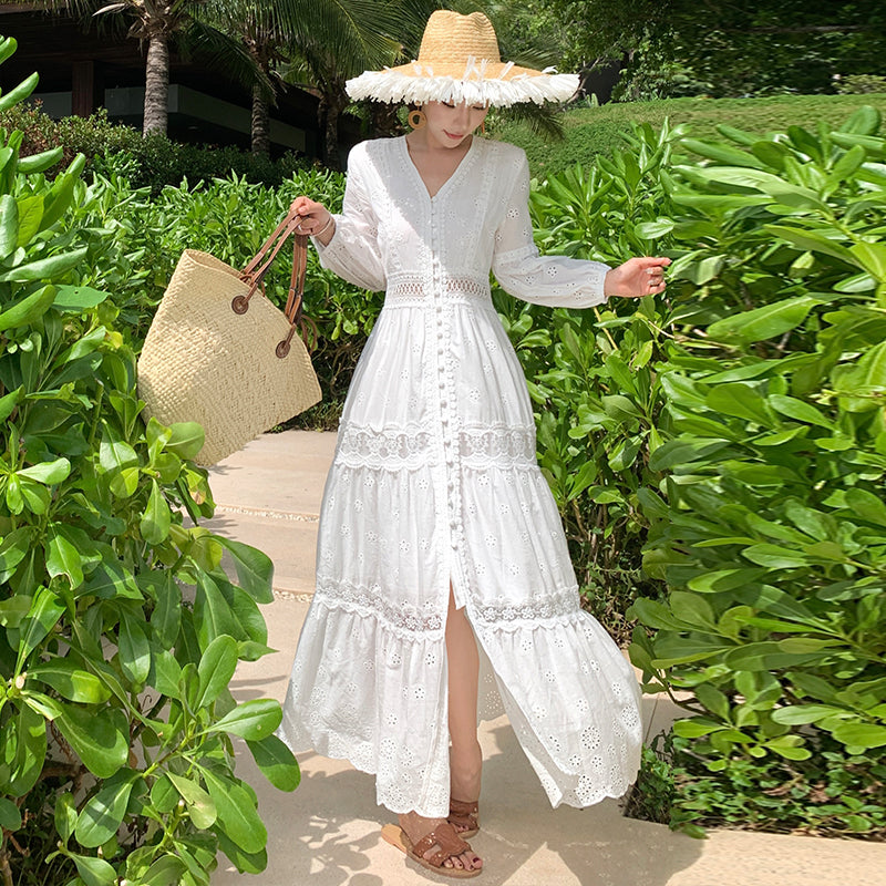 CM-DY037610 Women Trendy Bohemian Style Embroidery V-Neck Long Sleeve Maxi Dress - White