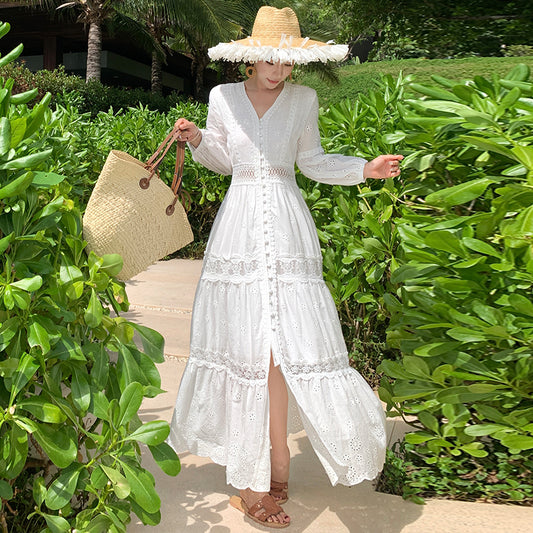 CM-DY037610 Women Trendy Bohemian Style Embroidery V-Neck Long Sleeve Maxi Dress - White