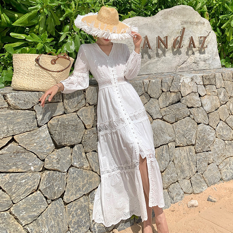 CM-DY037610 Women Trendy Bohemian Style Embroidery V-Neck Long Sleeve Maxi Dress - White