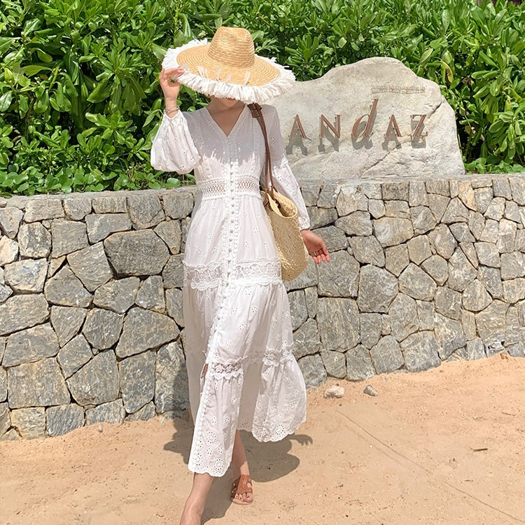 CM-DY037610 Women Trendy Bohemian Style Embroidery V-Neck Long Sleeve Maxi Dress - White