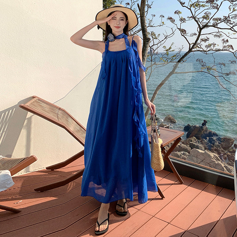 CM-DY037612 Women Trendy Bohemian Style Strap Neckline Sleeveless Maxi Dress - Blue