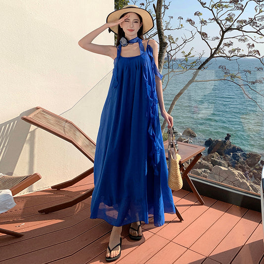 CM-DY037612 Women Trendy Bohemian Style Strap Neckline Sleeveless Maxi Dress - Blue