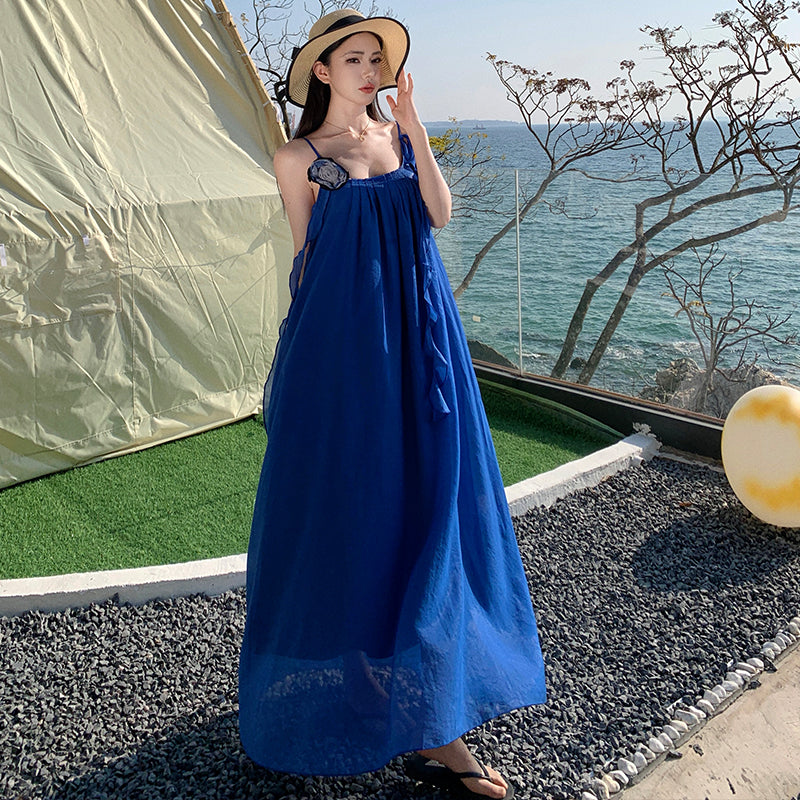 CM-DY037612 Women Trendy Bohemian Style Strap Neckline Sleeveless Maxi Dress - Blue