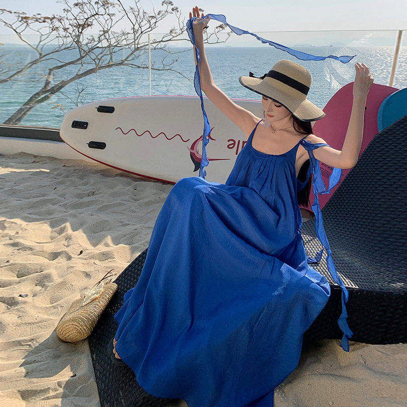 CM-DY037612 Women Trendy Bohemian Style Strap Neckline Sleeveless Maxi Dress - Blue