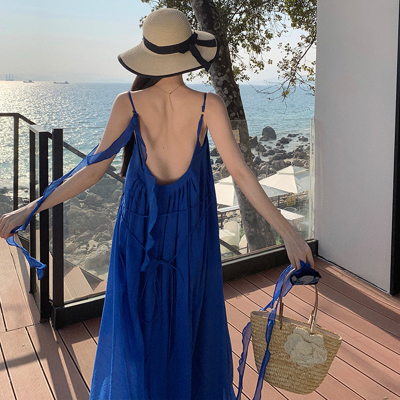CM-DY037612 Women Trendy Bohemian Style Strap Neckline Sleeveless Maxi Dress - Blue